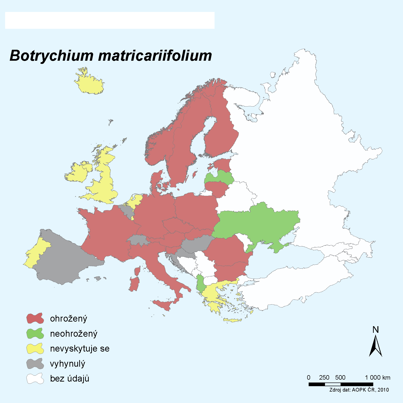 Ohrožení vratičky heřmánkolisté Botrychium matricariifolium v dalších evropských zemích. Červeně země, ve kterých je druh ohrožený, šedě – vyhynulý, zeleně – neohrožený, žlutě –  nevyskytuje se. Procento počtu zemí, ve kterých je druh ohrožený (započítány i země,  ve kterých je vyhynulý) z celkového počtu zemí, ve kterých se vyskytuje (vyskytoval):  (15+5)/23 = 87 %.