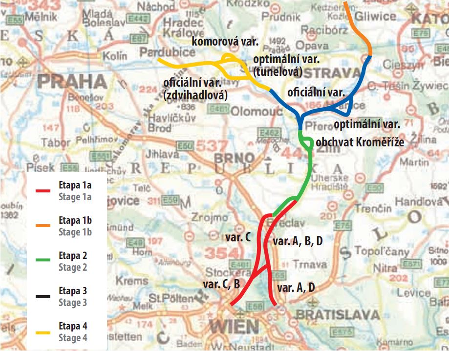 Mapa etap vodního koridoru Dunaj - Odra - Labe. Zdroj Wikipedie org. Autor Plavba a vodní cesty o.p.s. 