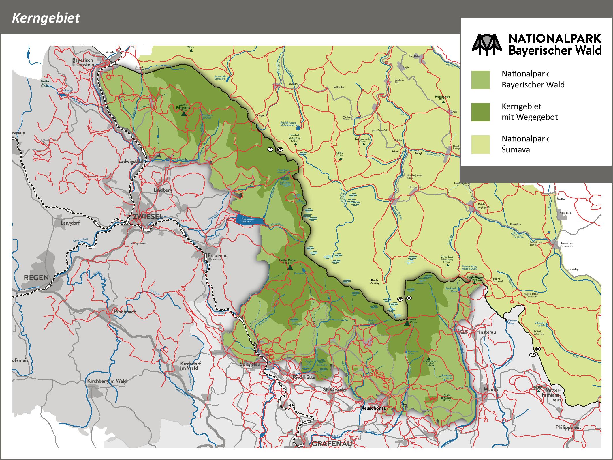 Jádrové území s časově nebo prostorově omezeným vstupem zabírá 45 % plochy Národního parku Bavorský les.