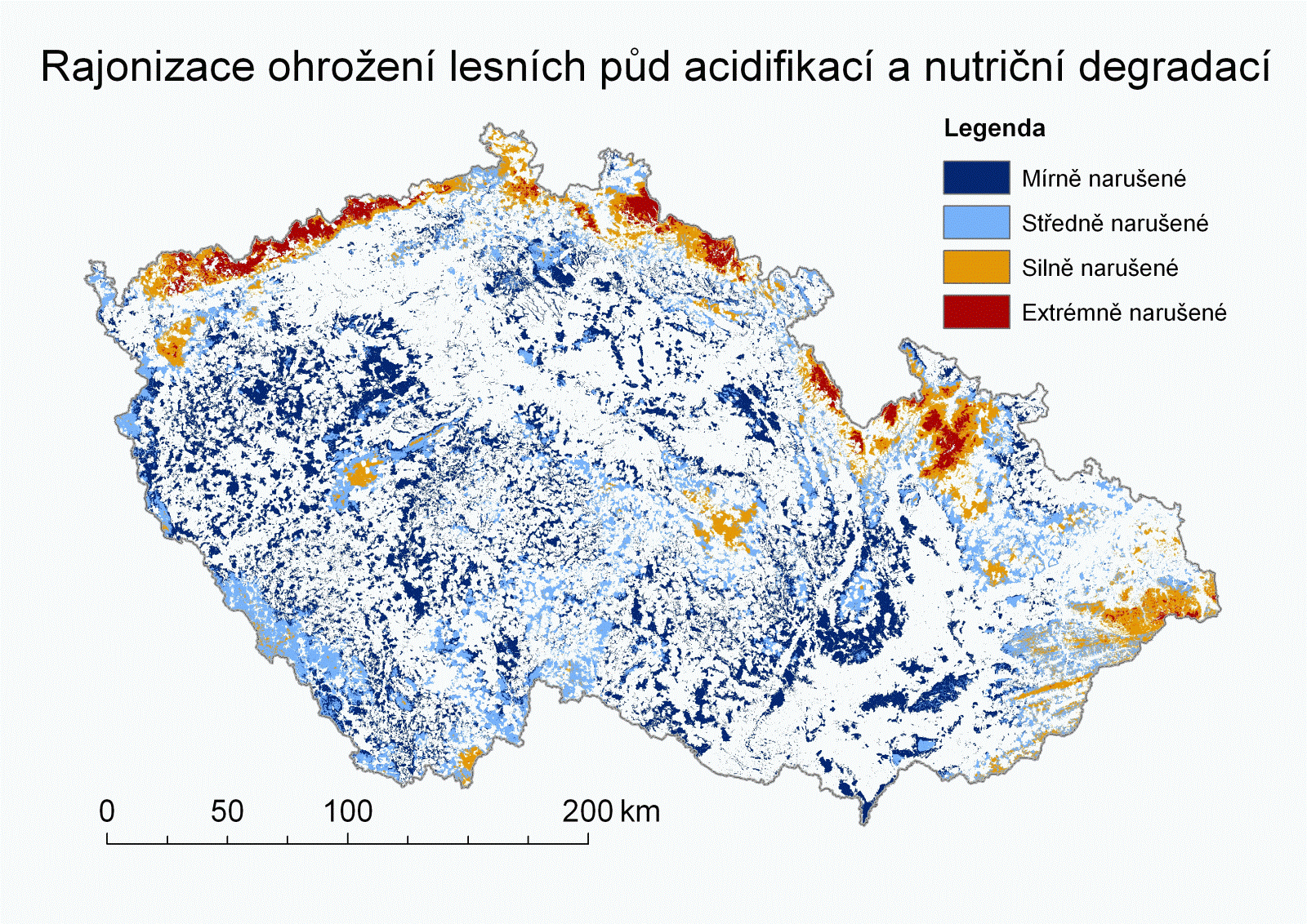 Obr. 5. Mapa rajonizace ohrožení lesních půd acidifikací a nutriční degradací (© Česká geologická služba a IFER)