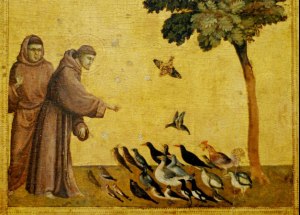 Obr. 3: Giotto di Bondone (1295-1300) Sv. František káže ptákům (Paříž, Louvre). „Tak jako když se zamilujeme do nějaké osoby, pokaždé když František pohlédl na slunce, měsíc i ty nejdrobnější živočichy, reagoval zpěvem, zapojil do své chvály veškeré stvoření. Navazoval rozhovor s každým tvorem a kázal dokonce květům, „které vybízel, aby chválily a milovaly Hospodina jako bytosti obdařené rozumem.“ Jeho reakce byla něčím více než intelektuálním oceněním nebo ekonomickým kalkulem, protože pro něho bylo každé stvoření bratrem či sestrou, s nimiž jej pojilo citové pouto. Proto se cítil povolán pečovat o všechno, co existuje“11