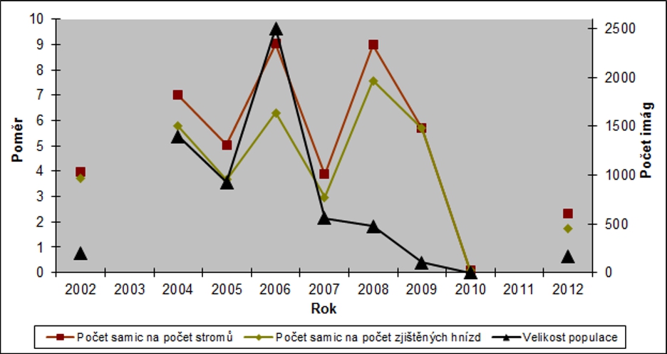 Graf B: Počet imag v jednotlivých letech ve vztahu k poměru samic k počtu hnízdních stromů a hnízd. Počty hnízd i hnízdních stromů (vysoce) průkazně nekorelují s počtem imag (samic). Přepočet je pouze do roku 2012, do kdy byla odhadována velikost populace na základě zpětných odchytů.