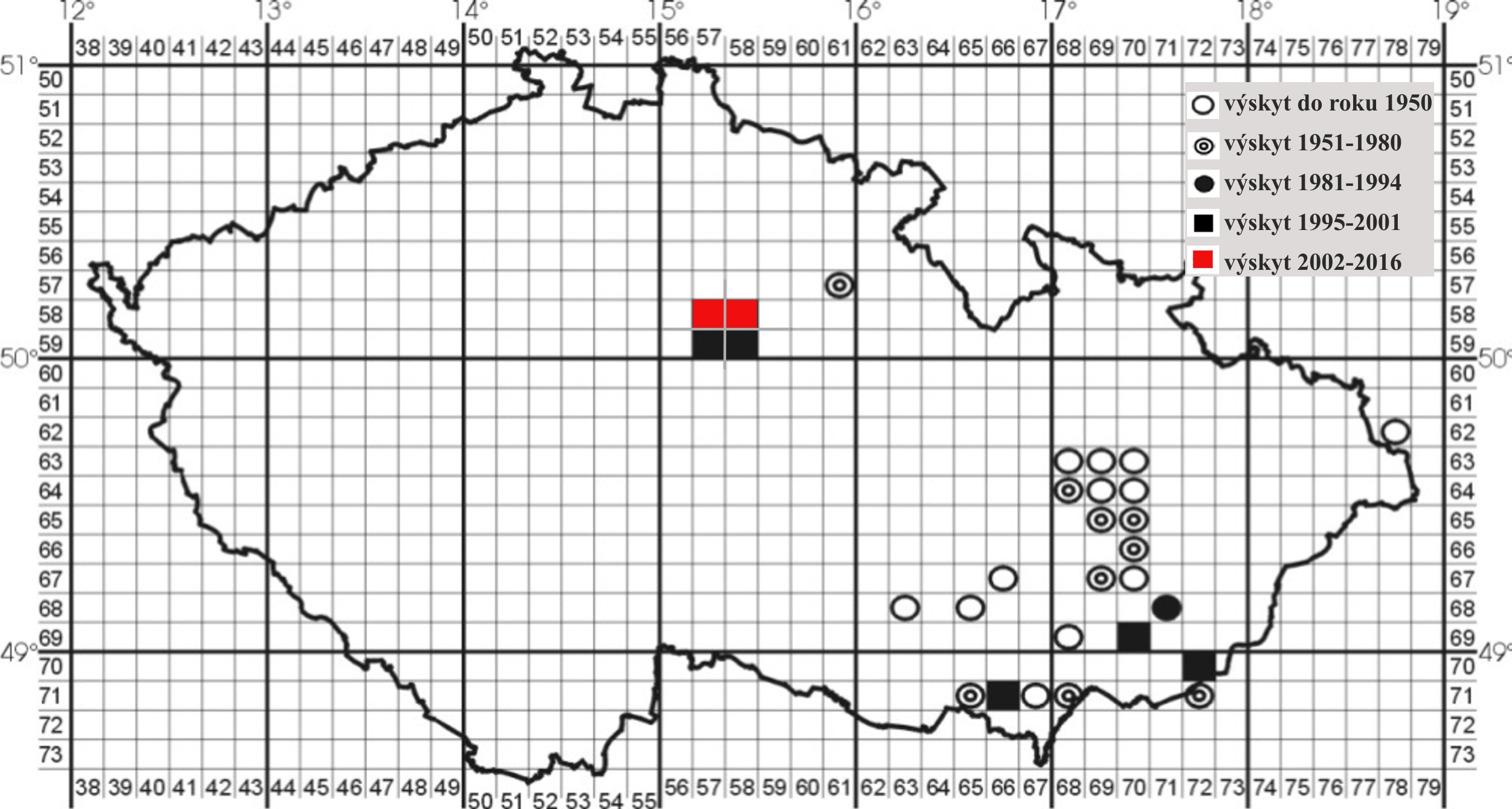 Mapka rozšíření, převzato z www.lepidoptera.cz, upraveno.