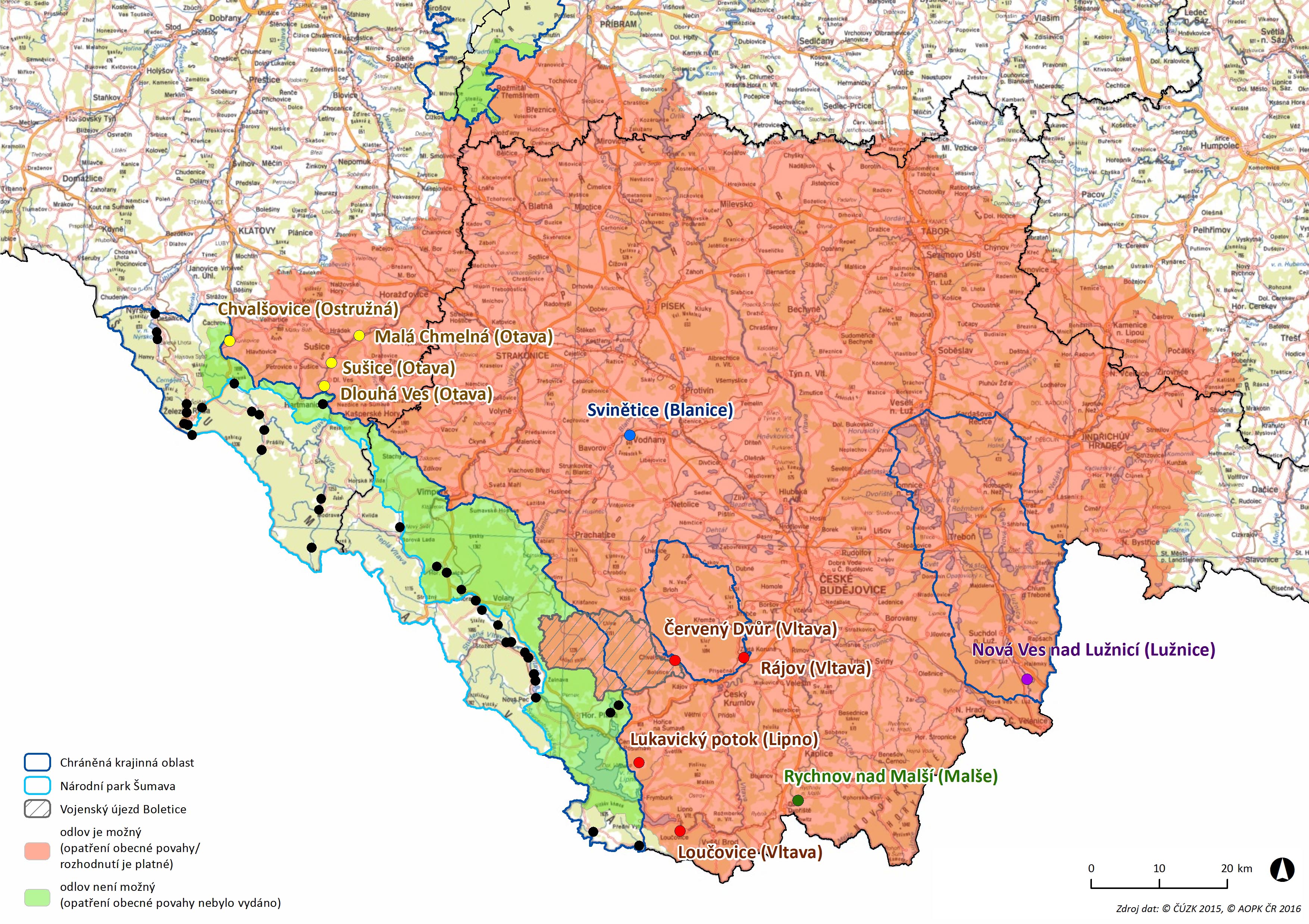 Obr. 2: Aktuální výskyt bobra evropského v zóně C. Černý bod označuje lokalitu na území CHKO a NP Šumava. Barevný bod označuje lokalitu v oblasti již možného odlovu.
