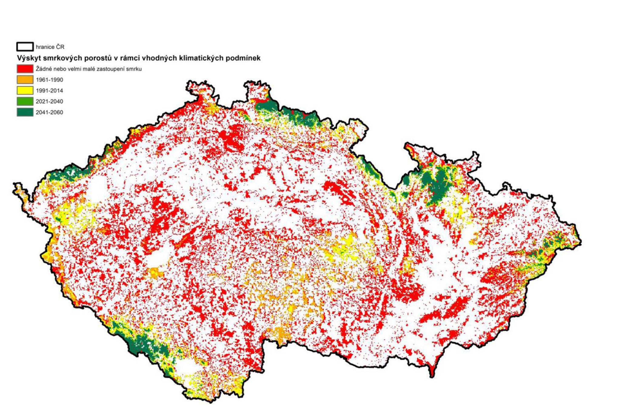 Výskyt smrkových porostů v podmínkách klasifikovaných jako vhodné na základě normálového období 1961–1990.  Zdroj Čermák P., Mikita P., Kadavý J., s. 32, Sborník příspěvků  ze semináře Problémy dlouhodobé udržitelnosti pěstování smrkových porostů v hospodářských lesích na území chráněných krajinných oblastí