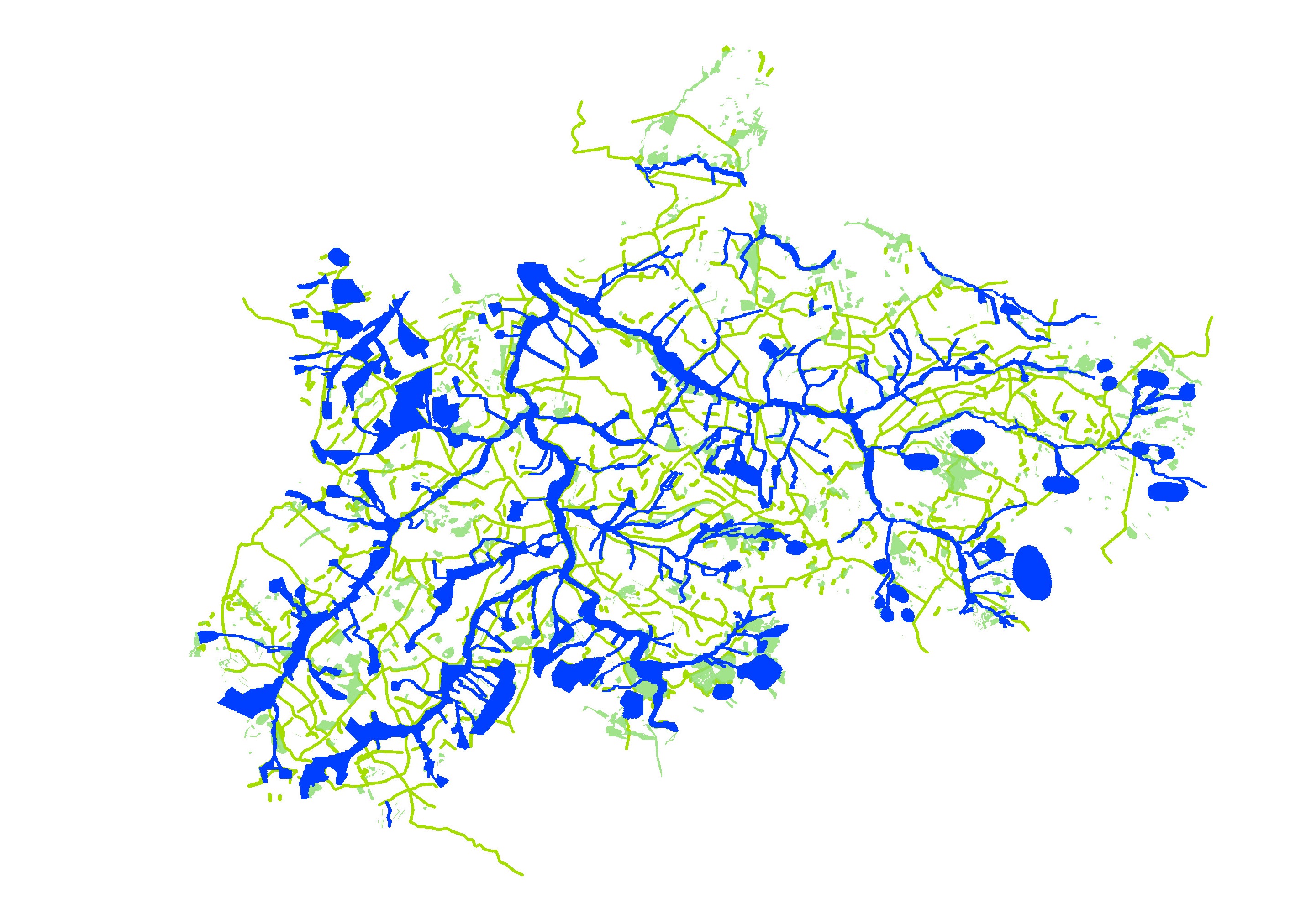 Schéma zelené infrastruktury v krajině ORP Blovice - modrá je systém říční krajiny a zelená systém biotopů podél technické infrastruktury. Územní studie krajiny ORP Blovice, 2018, Salzmann & kol.