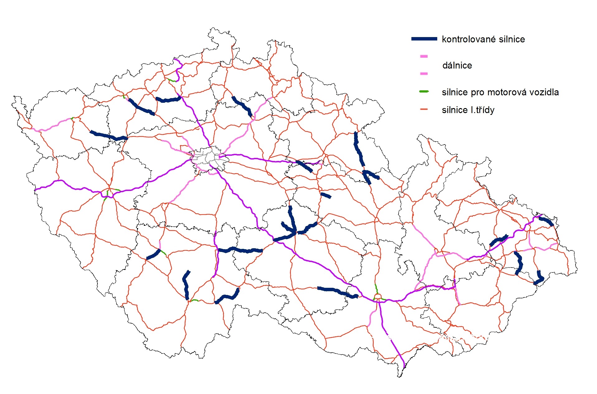 Obr. 2. Vybrané úseky silnic I. tříd, kde proběhlo mapování všech křížení s vodními toky