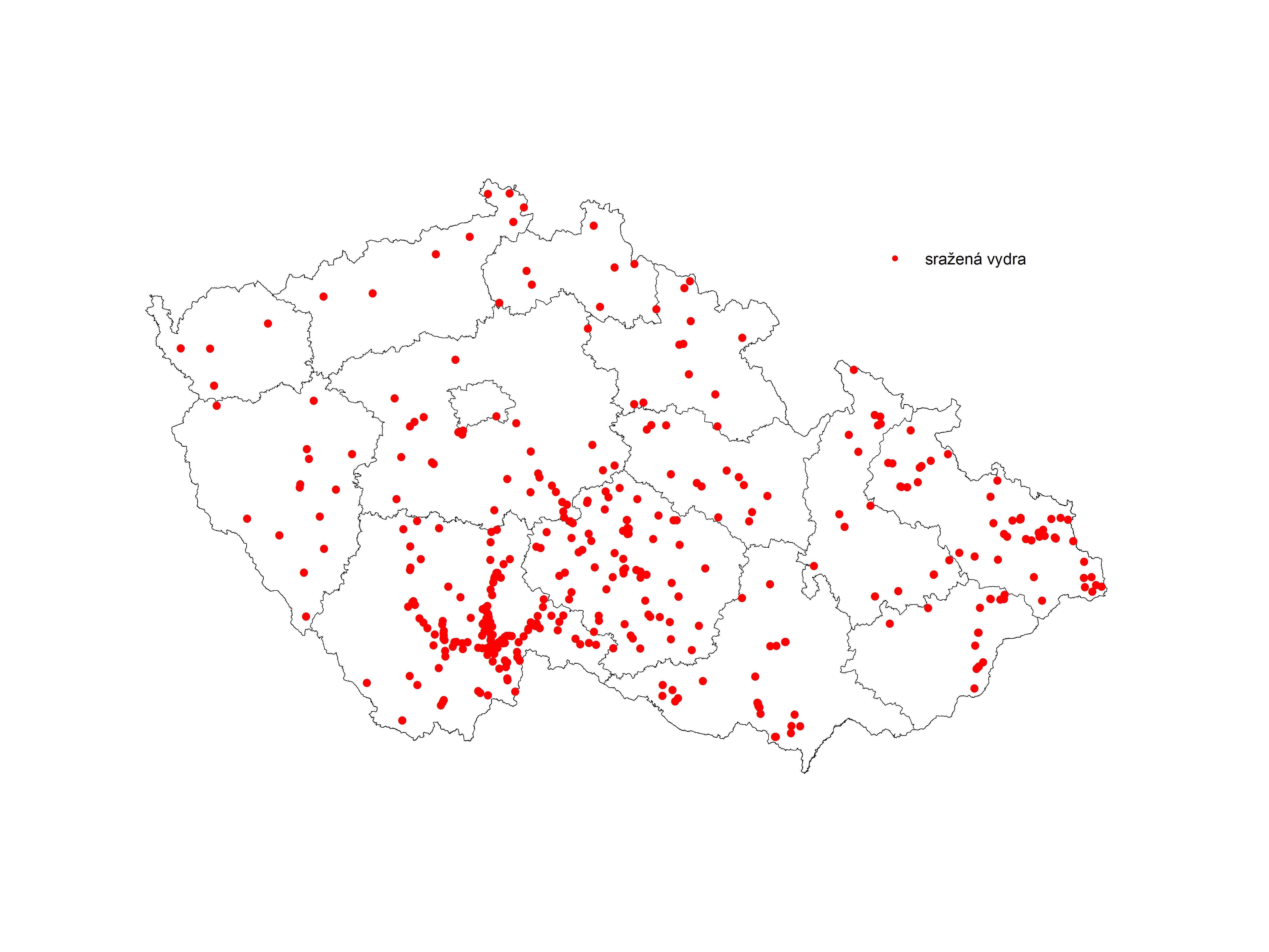 Obr. 1. Lokace vyder uhynulých na silnicích (1990 – 2015) 