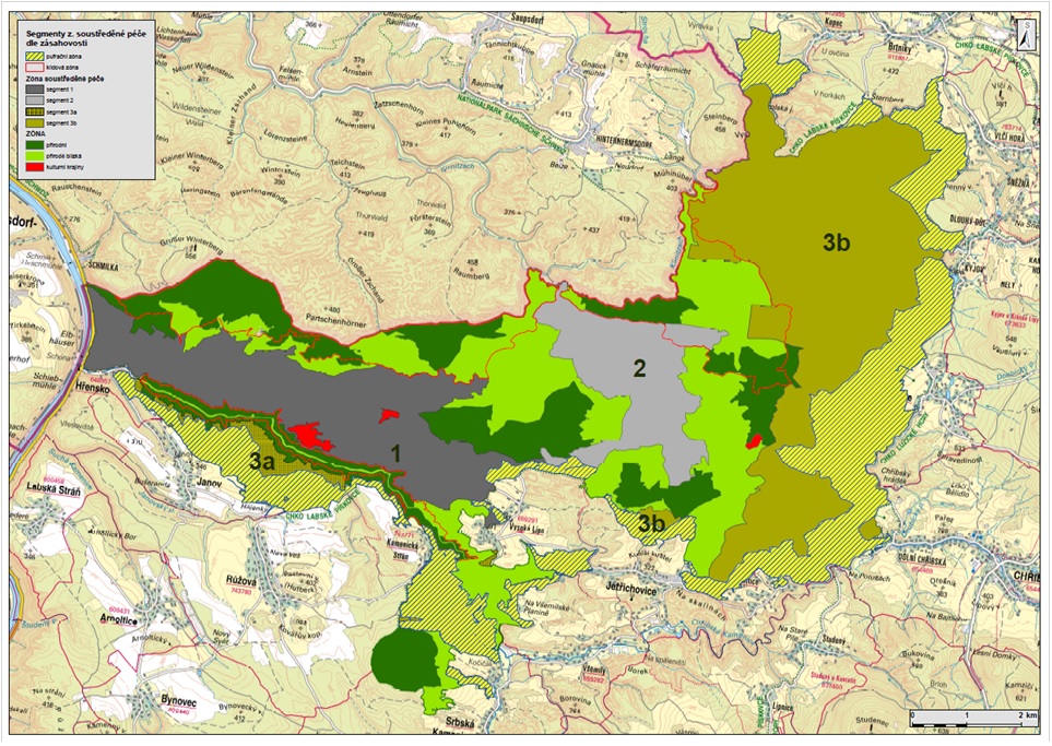 Pufrační zóna a segmenty zasahování proti kůrovci v novém návrhu zonace NP České Švýcarsko. Zdroj: Správa NP ČŠ 