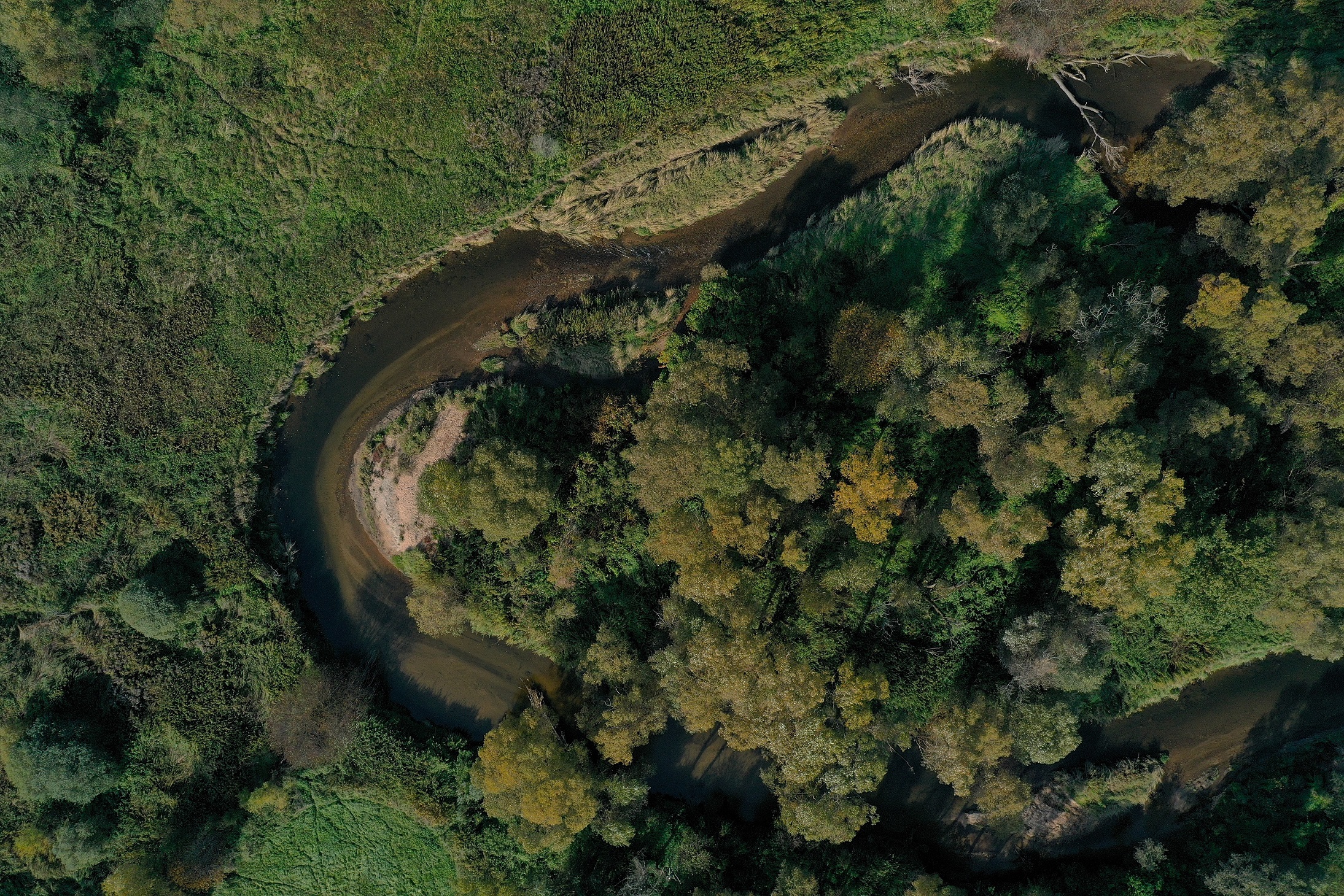 PR Meandry Smědé z dronu. Řeka postupně ukrajuje nárazový břeh a nám se rozšiřuje paleta biotopů, které zde chráníme vlastnictvím. Foto: vlastní archiv