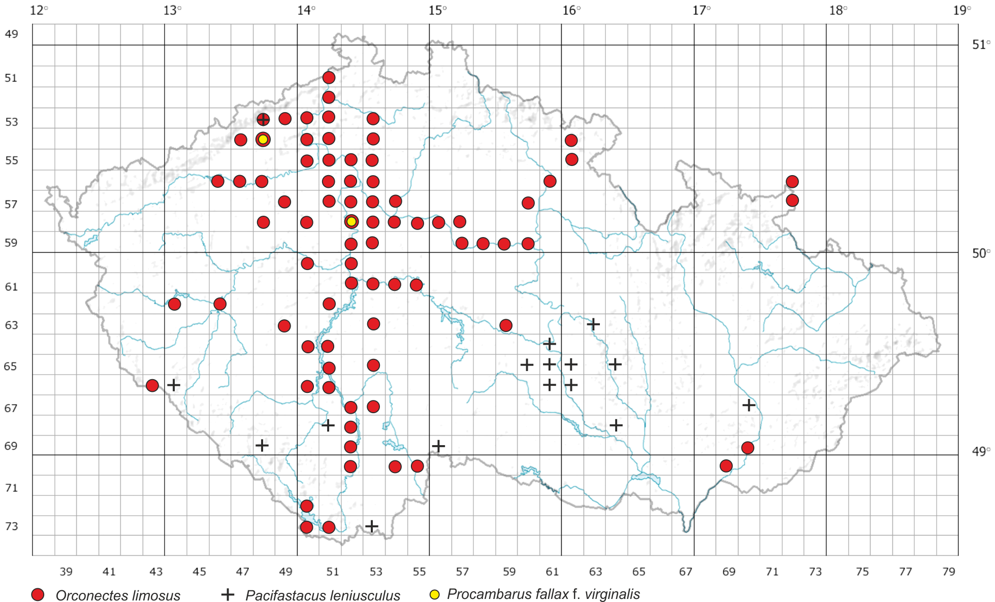 Obr. 4 Mapa České republiky s vyznačeným výskytem nepůvodních druhů raků (viz legenda). Upraveno podle Chobot et al. 2012.
