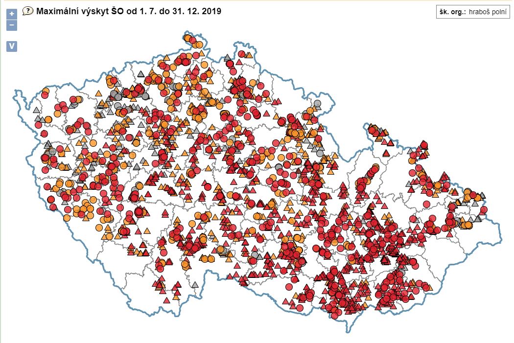 Obr. 3: Mapa škodlivého výskytu hraboše polního (červeně) v období 1. 7.-31. 12. 2019; zdroj: Rostlinolékařský portál ÚKZÚZ