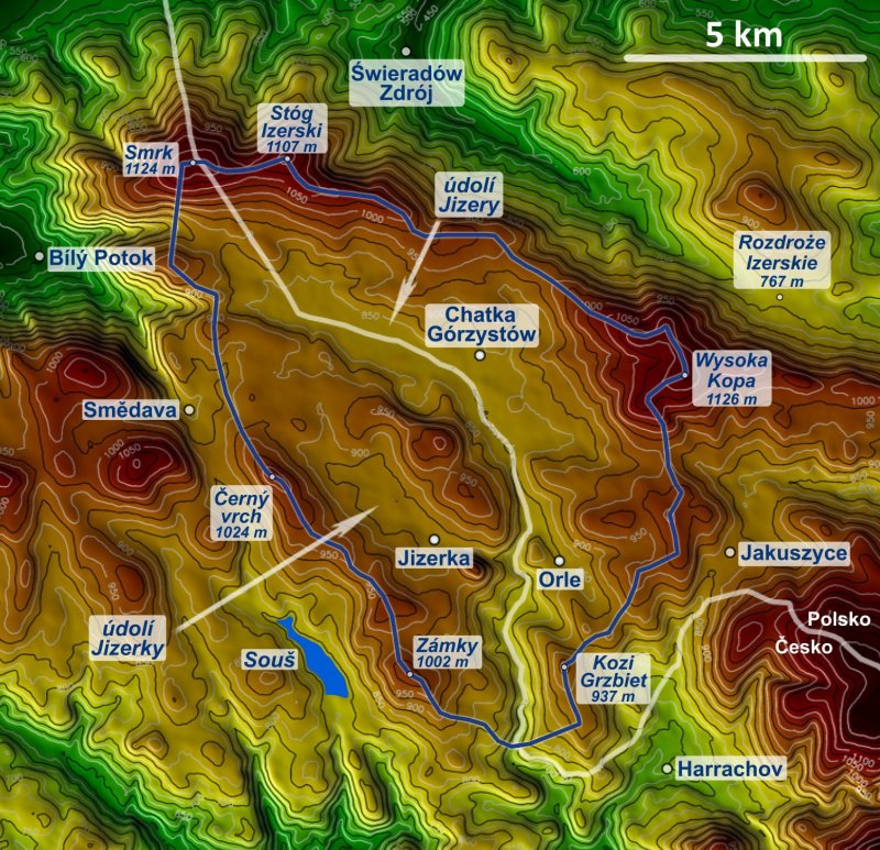 Terénní mapa s vymezenou hranicí Jizerské oblasti tmavé oblohy. Archív České astronomické společnosti