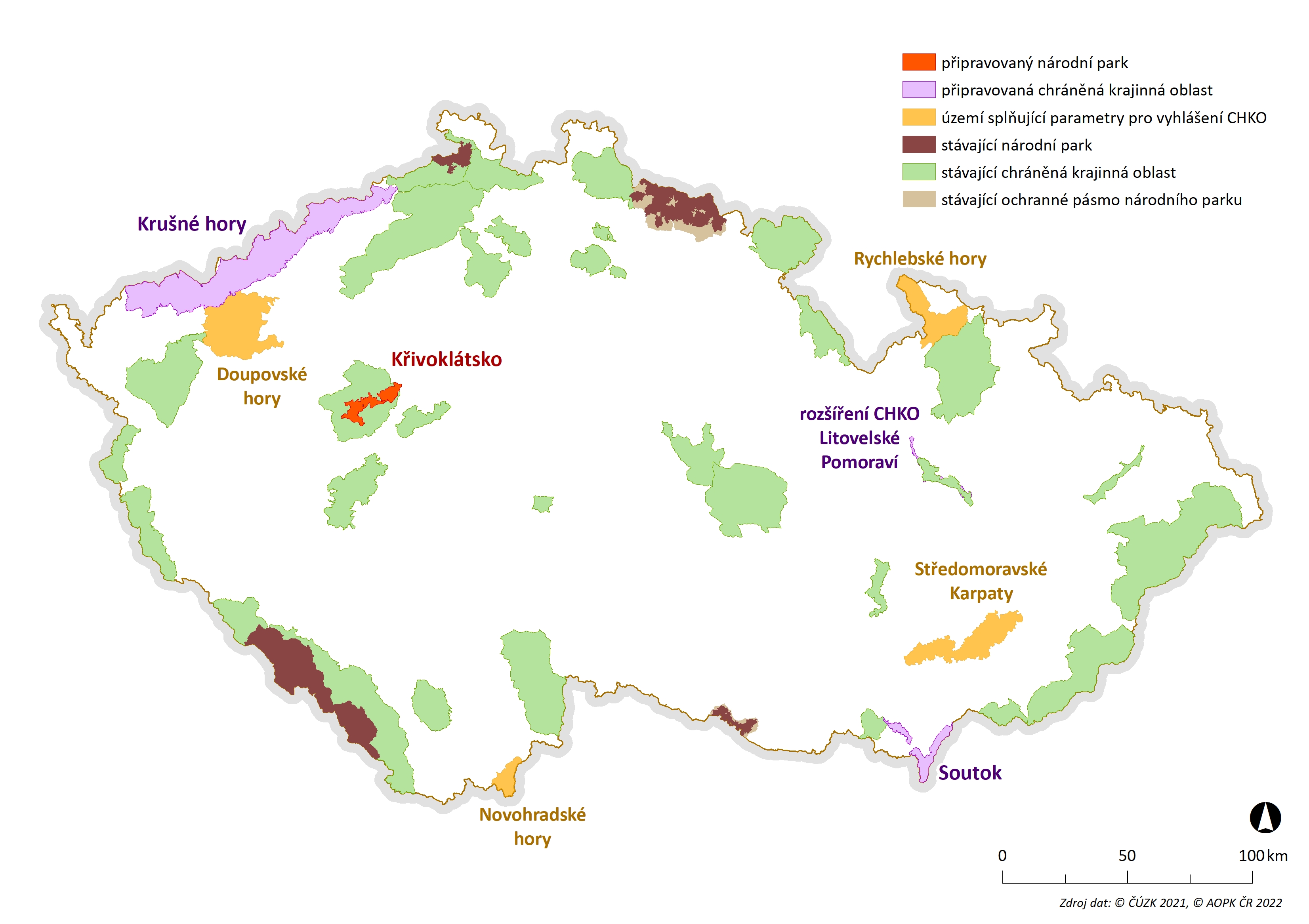 Mapa České republiky s vyznačením území stávajících CHKO a území, o které by mohla být soustava CHKO doplněna.