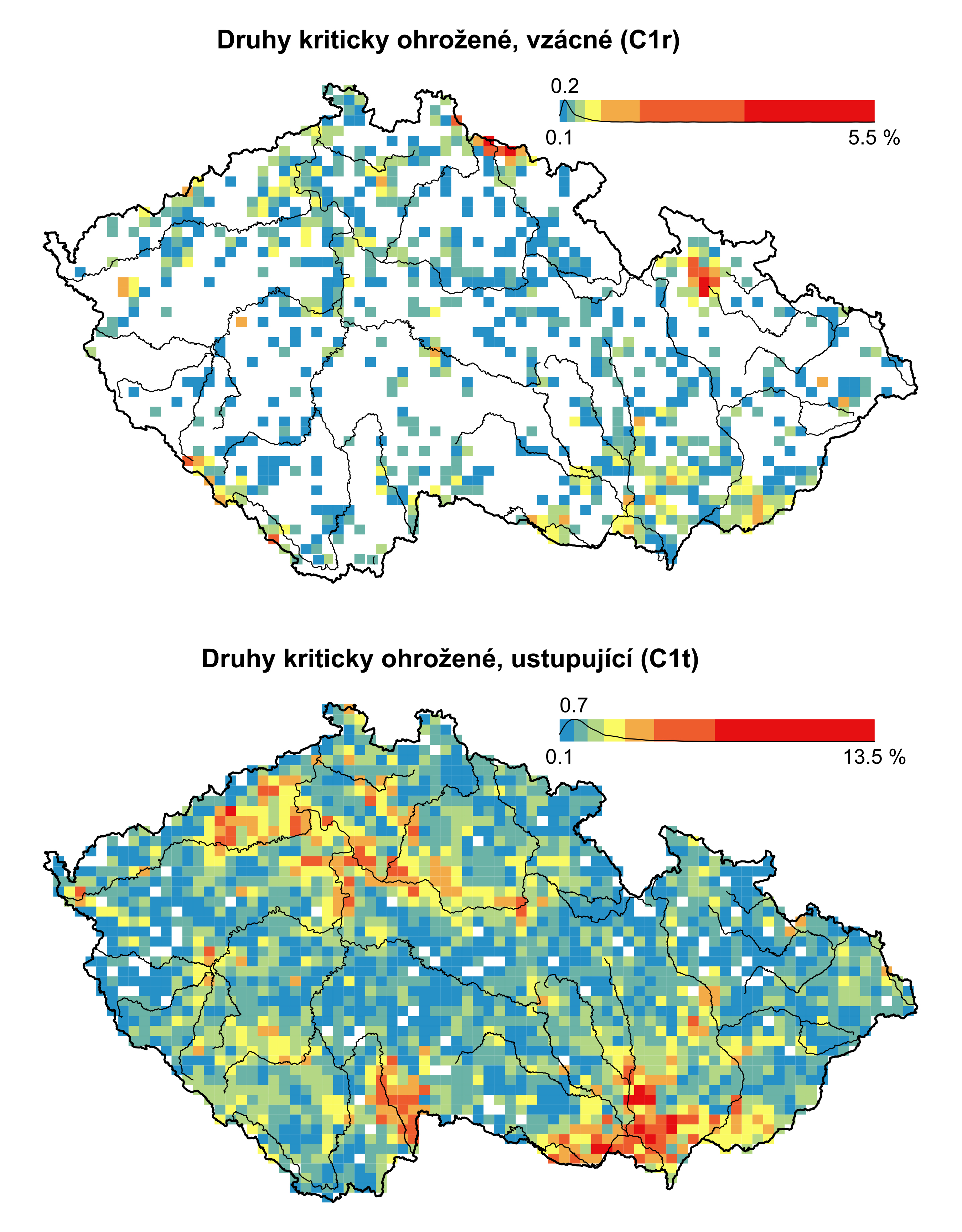 Propojení údajů o rozšíření druhů s údaji o jejich vlastnostech umožňuje tvorbu map průměrných vlastností flóry nebo podílu různých kategorií druhů. Mapy na tomto obrázku ukazují podíl kriticky ohrožených druhů vzhledem ke všem druhům v polích mapovací sítě. Červená barva vyznačuje vysoký podíl kriticky ohrožených druhů, žlutá a zelená střední, modrá nízký a bílá nulový. V Červeném seznamu cévnatých rostlin ČR je u kriticky ohrožených druhů jako důvod pro zařazení do této kategorie uvedena buď vzácnost nebo výrazný ústup. Horní mapa ukazuje podíl vzácných kriticky ohrožených druhů, které jsou více zastoupeny zejména v Krkonoších a Hrubém Jeseníku. Dolní mapa ukazuje podíl ustupujících kriticky ohrožených druhů, které jsou častější zejména v suchých a teplých nížinách a pahorkatinách (Polabí, dolní Povltaví, České středohoří, jižní Morava) a v pánvích (Třeboňsko, Chebsko, Dokesko). Mapy připravil Martin Večeřa