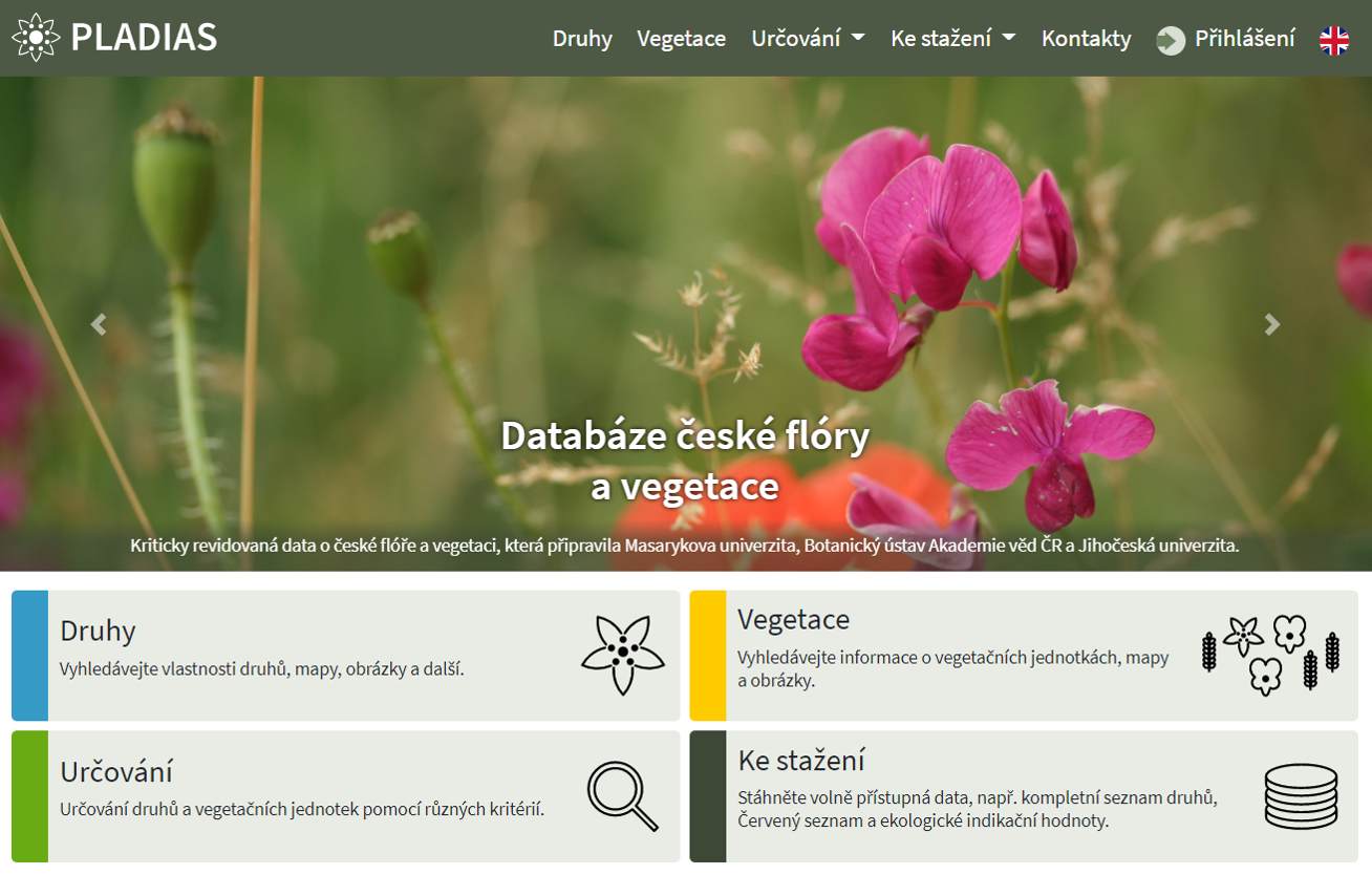 Úvodní stránka webového portálu Pladias – databáze české flóry a vegetace  (www. pladias.cz). Design: Tomáš Kebert, Petr Novotný a Marcela Řezníčková. Foto Dana Holubová.